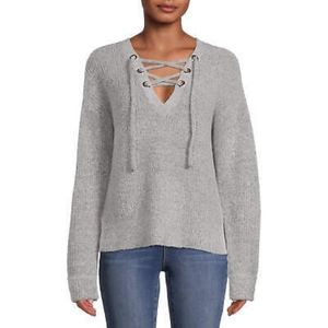 No Boundaries Juniors’ Lace Up Gray Sweater with Split Side Detail, size Large